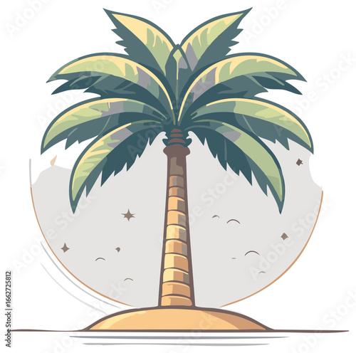 Stylized tropical palm tree on a small island with artistic sun halo and minimalist stars.