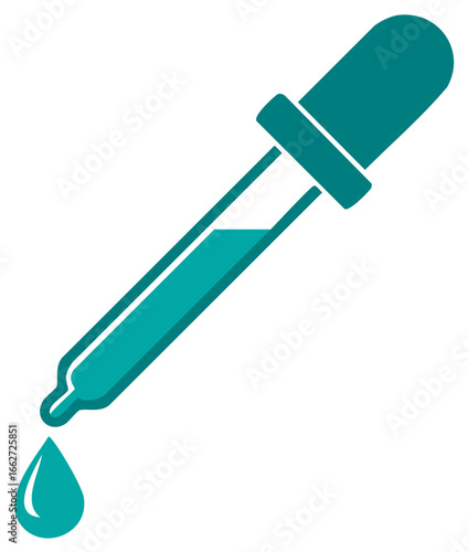 A graphic illustration of a teal medical pipette or eyedropper dispensing a single drop of liquid serum