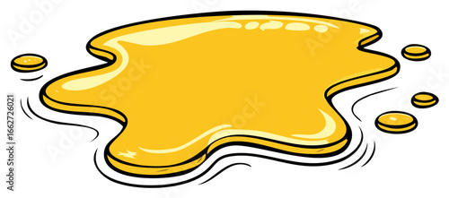 Vibrant cartoon illustration of a golden yellow liquid puddle resembling spilled honey or syrup