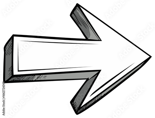 Hand drawn 3D arrow sketch pointing right in a comic book style illustration