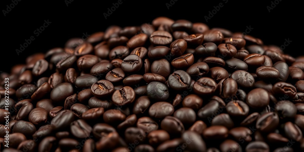 Obraz premium Close-up of dark roasted coffee beans, rich brown hues against a black background, coffee bean texture, close up coffee beans
