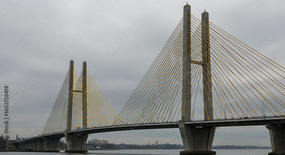 Obraz premium A modern cable-stayed bridge with yellow cables and concrete towers on a calm, gray day.
