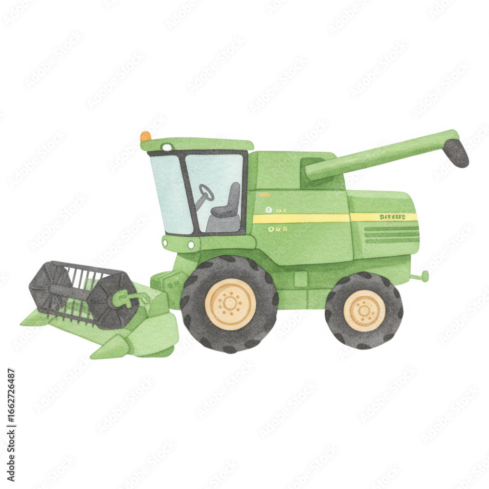 Obraz premium Green combine harvester with wide cutting head and large wheels isolate