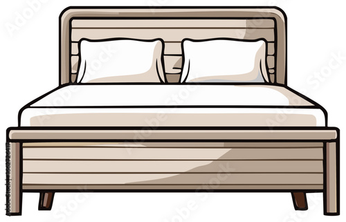 Simple wooden bed with two white pillows and white bedding illustrated in cartoon style