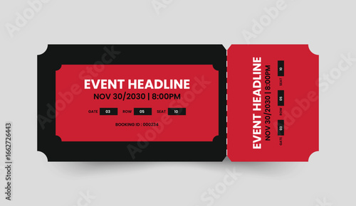 Modern red and black ticket design for events concerts and shows with placeholder text