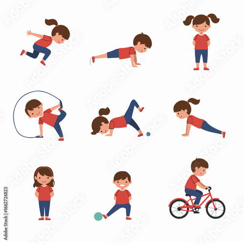 Happy children engaged in various active and playful exercises. A cartoon illustration set showcasing boys and girls enjoying healthy physical activities, from cycling to jumping and yoga.