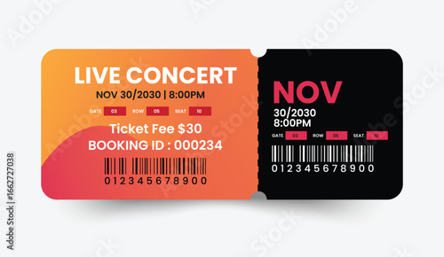 Modern orange and black concert tickets with barcode and date information