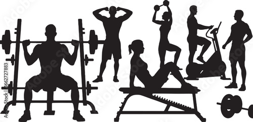 Silhouette of People Exercising with Weights and Equipment