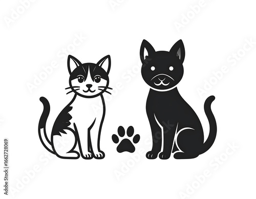 Two cartoon cats, one black and one black and white, sitting facing forward.  A paw print is between them
