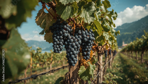  Lush vineyard plantation with rows of grapevines .