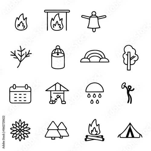 Collection of simple line art icons representing winter season activities and elements.