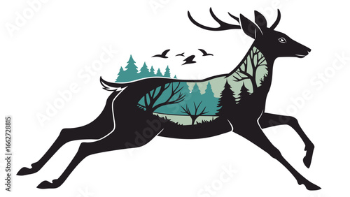 Double Exposure Deer Silhouette with Forest Landscape – Running Stag, Birds and Pines, Wildlife Nature Conservation Vector Illustration


