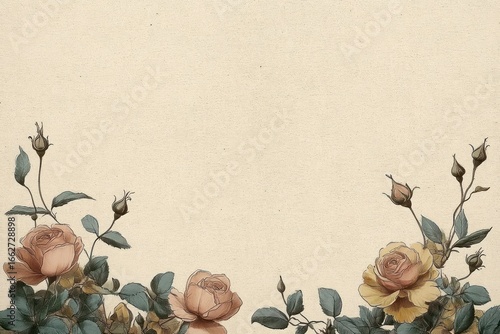 Delicate illustration of blooming and budding roses with detailed leaves on a neutral textured background evoking a soft and vintage botanical feel
