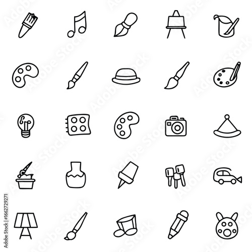 Collection of hand-drawn art and music icons, perfect for creative projects.