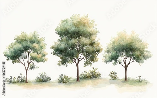 Three delicate watercolor trees with soft green and yellow foliage standing on a grassy patch against a white background, evoking a calm natural scene