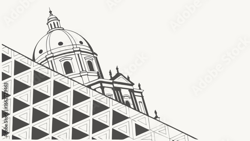 Architectural design featuring a dome and geometric pattern isolated on white background, blending urban landscape with historical elements