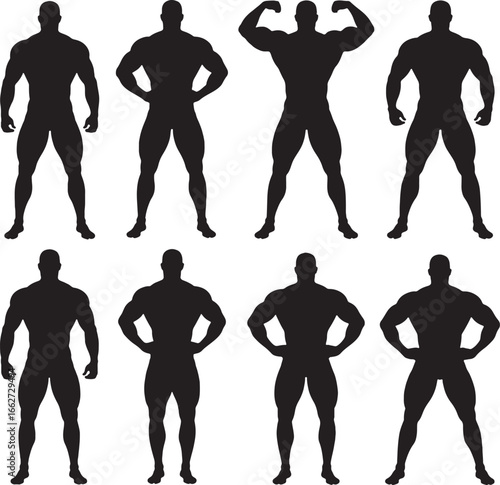Eight black silhouettes of muscular men posing in various bodybuilding stances fitness muscle