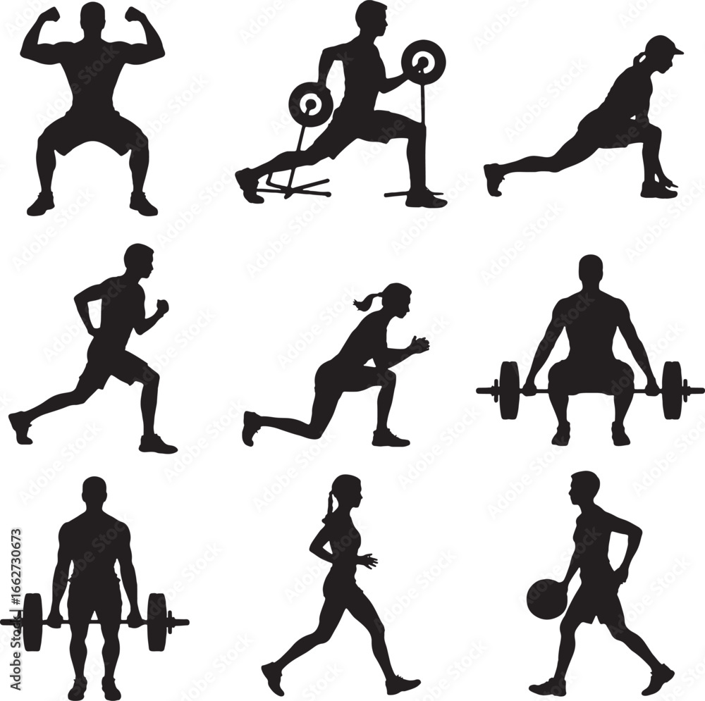 Obraz premium Black Silhouettes of People Exercising with Weights and Running