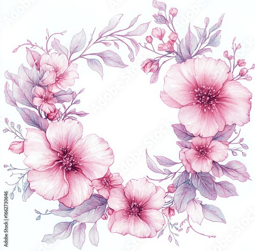 Delicate circular wreath of soft pink hand-drawn flowers and leaves with intricate details and gentle shading