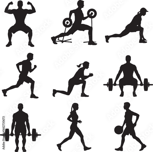 Fitness Silhouettes Of People Performing Various Exercises With Weights vector illustration