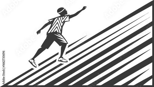 Determined runner climbing striped hill isolated on white background, symbolizing challenge, achievement, and the pursuit of fitness goals
