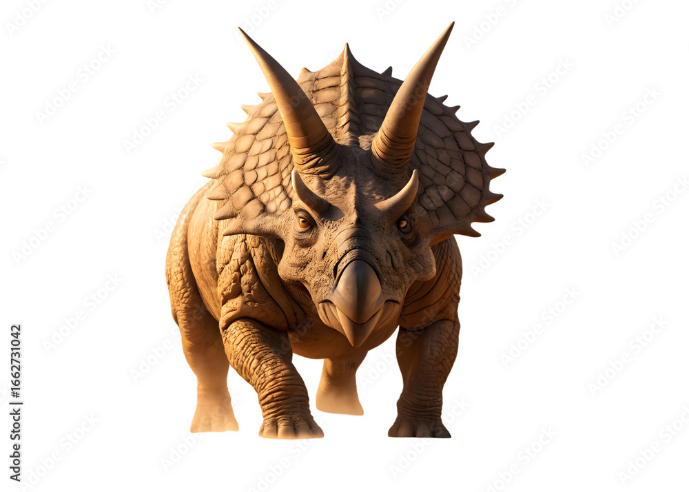 Fototapeta premium Photorealistic rendering of a massive prehistoric triceratops dinosaur with detailed organic skin texture, intricate horns and frill, striking color contrast cinematic lighting, png file isolated on t