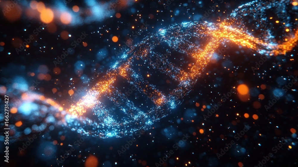 Fototapeta premium Glowing blue and orange digital representation of a DNA double helix structure with sparkling particles on dark background evoking advanced technology and science