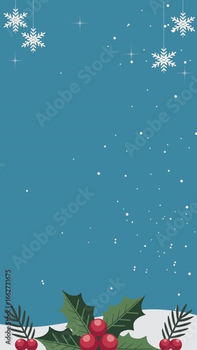Christmas Vertical Banner with Holly, snow, snowflake and glittering stars