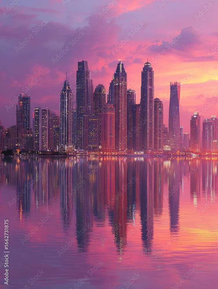 Fototapeta premium City skyline at sunset, reflected in water