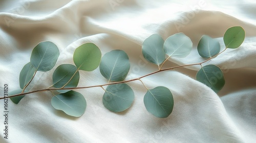 Single eucalyptus branch with round green leaves resting on soft white fabric background creating a calm and natural atmosphere