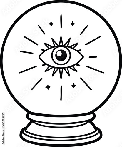 Crystal Ball Glimpse: An artistic, eye-shaped emblem adorns a crystal ball, radiating mystery, psychic abilities, and divination for fortune telling