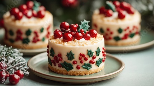 Wallpaper Mural Festive mini cakes decorated with holly leaves and red berries on green plates, evoking a cheerful holiday atmosphere Torontodigital.ca