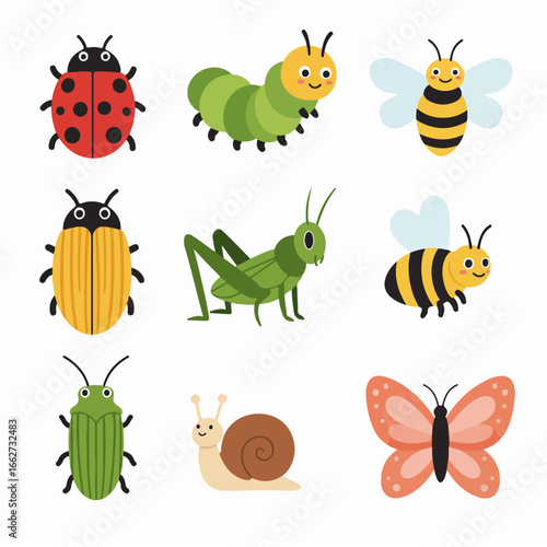 Adorable cartoon insects and garden creatures vector set. Cute illustrations of bugs, butterfly, bee, ladybug, snail, and caterpillar on white background.