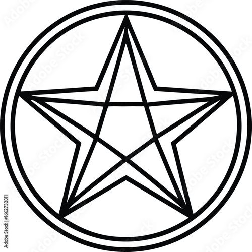 Mystical Pentagram: A stark black and white illustration of a pentagram symbol, perfectly centered within a circle, embodying the enigmatic power and ancient knowledge. 