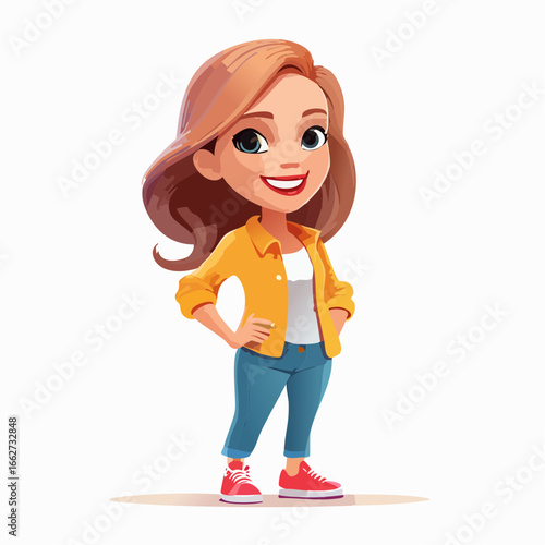 Cheerful cartoon illustration of a confident young woman with a bright smile, radiating positive energy. Ideal for digital projects and friendly, approachable designs