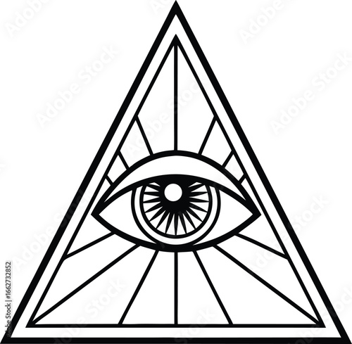 The Illuminating Eye: A stark, symmetrical depiction of the all-seeing eye enclosed within a triangular form, radiating structured light and symbolic meaning.