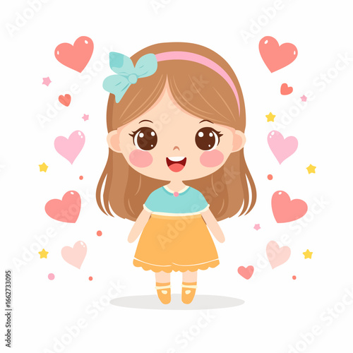 Cute Cartoon Girl Character with a Bow and Hearts, Illustration of a Sweet Little Girl in a Yellow and Blue Dress Surrounded by Hearts