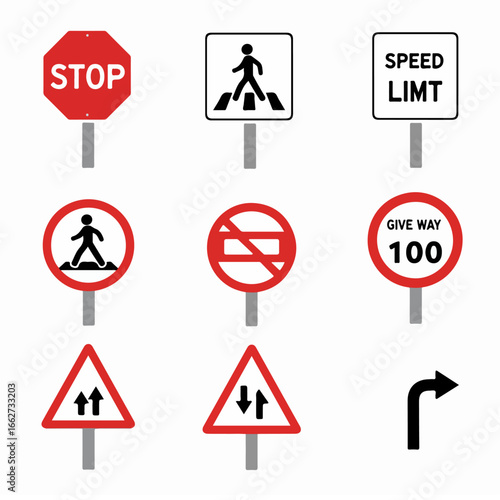 A comprehensive collection of essential road and traffic signs, including stop, pedestrian crossing, speed limit, warning, and directional symbols.