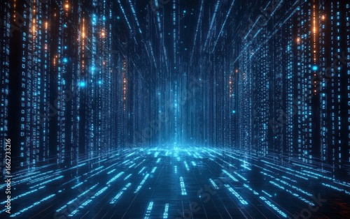 Futuristic digital data streams forming glowing blue and orange light patterns in a three-dimensional space representing advanced technology and virtual information flow