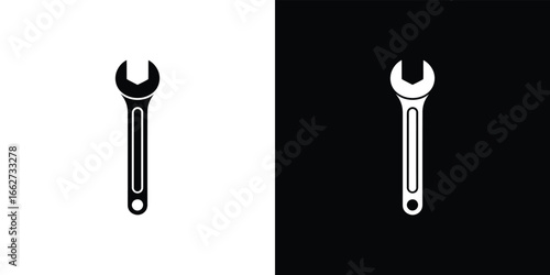 Open End Wrench in Black and White Color Background, Repairing Tool Icon Theme