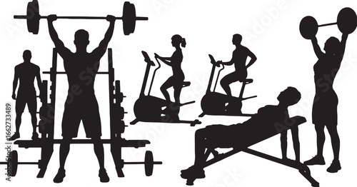 Silhouettes of people exercising with weights and cardio machines in a gym fitness workout