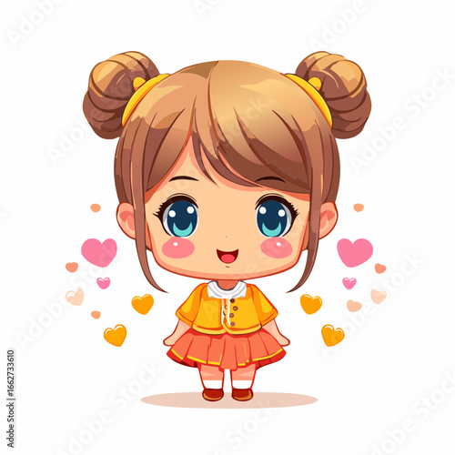 Cute cartoon girl illustration with a cheerful smile and charming twin bun hairstyle, surrounded by delightful floating hearts, a truly adorable character design