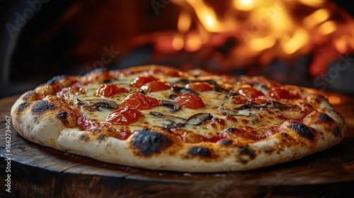 Wallpaper Mural Freshly baked pizza with cherry tomatoes and mushrooms on rustic wooden board in front of wood-fired oven fire Torontodigital.ca