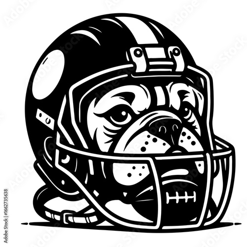Black and white bulldog wearing American football helmet animal 1