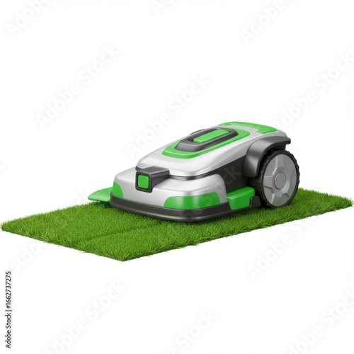 Grey and Green Robotic Lawnmower Cutting Grass on Green Turf