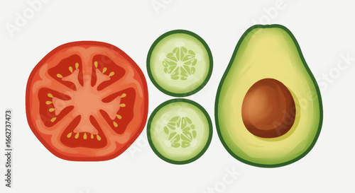 Sliced avocado and tomato flat design illustration promoting nutritious eating during world vegetarian day events