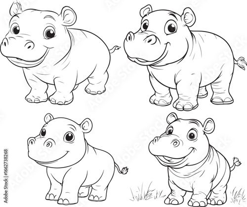 cute cartoon hippos in black and white line art style hippopotamus animal.