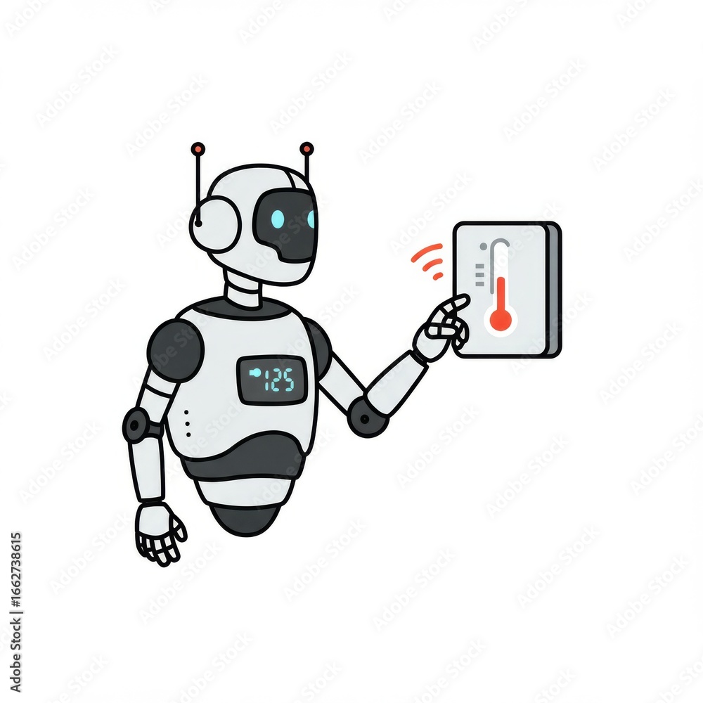 Fototapeta premium White Robot Adjusting Digital Thermostat on White Background
