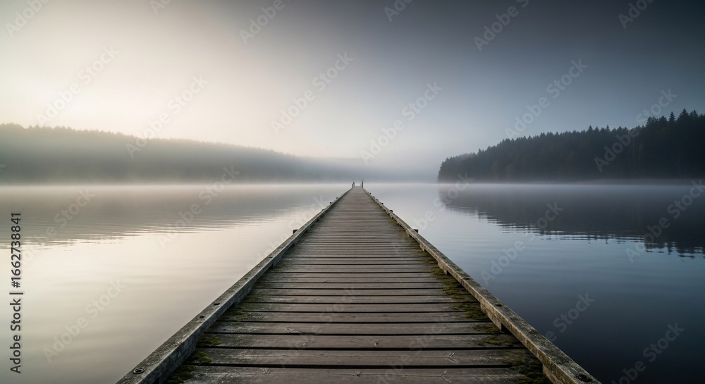 Naklejka premium Misty Morning at the Lake: Wooden Dock Extending to Serene Waters