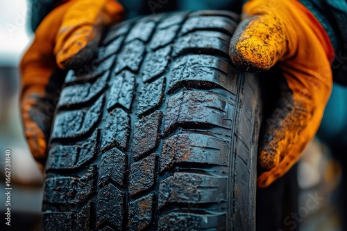 Close-up of gloved hands holding a muddy tire tread showing detailed texture and dirt